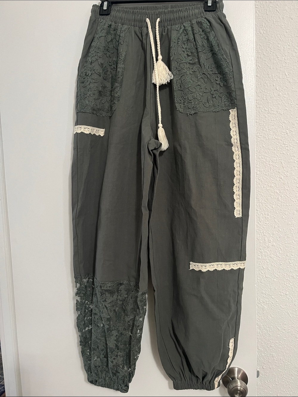 Boho Lace Accent Drawstring Joggers - Olive with Cream Trim